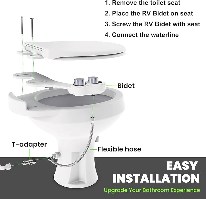 RV Bidet Toilet Seat Attachment, RV Bidet for Camper Toilet with Dual Nozzles, Self/Rear/Front Cleaning, Non-Electric, Adjustable Water Pressure, Fresh Water (Chrome Knob)