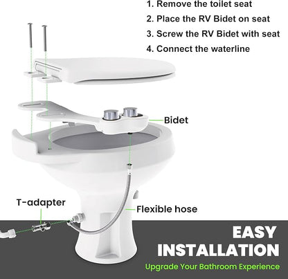 RV Bidet Toilet Seat Attachment, RV Bidet for Camper Toilet with Dual Nozzles, Self/Rear/Front Cleaning, Non-Electric, Adjustable Water Pressure, Fresh Water (Chrome Knob)