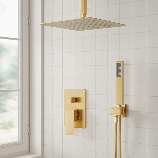 ESNBIA Gold Shower Head System, All Metal 12 Inches Ceiling Shower Faucet Set with Valve, Rain Shower Head with Handheld Spray Combo, Brushed Gold
