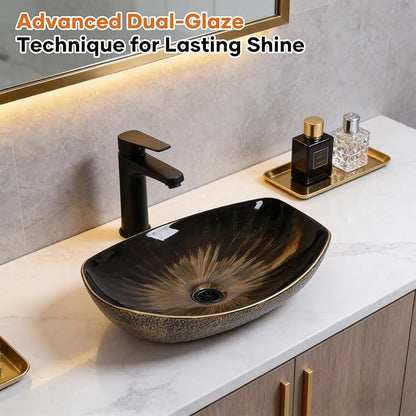 Vessel Sink 22"X16" Round Bathroom Sinks Above Counter, Countertop Bathroom Vessel Sinks, Black Modern Ceramic Vanity Sink