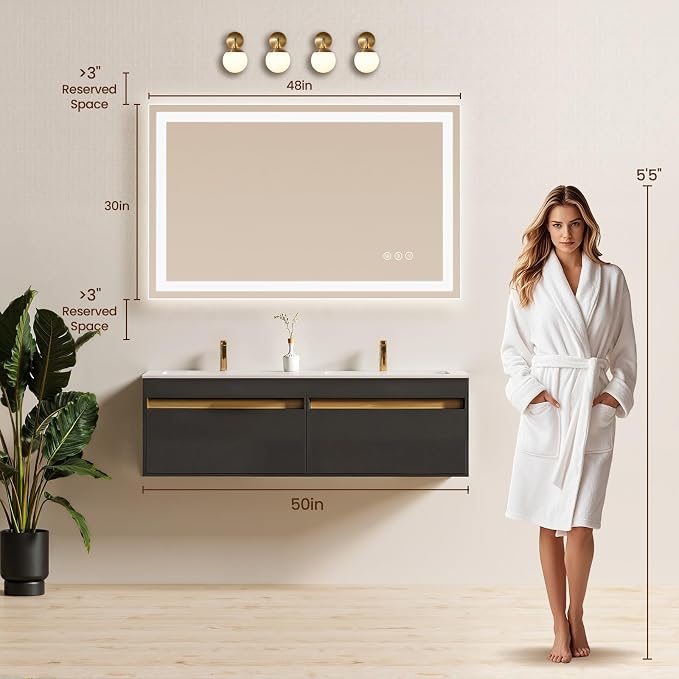 48x30 LED Bathroom Mirror with Anti-Fog, Backlit & Front Lights, Memory | Dimmable 3 Color CRI 95+ Shatterproof Tempered Glass ETL Listed for Safety Lighted Bathroom Vanity Mirror for Wall