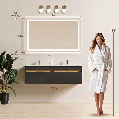 48x30 LED Bathroom Mirror with Anti-Fog, Backlit & Front Lights, Memory | Dimmable 3 Color CRI 95+ Shatterproof Tempered Glass ETL Listed for Safety Lighted Bathroom Vanity Mirror for Wall
