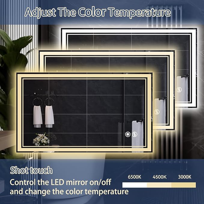 28“ x 40” LED Bathroom Mirror Fogless LED Mirror for Bathroom Dimmable 3 Colors Lights Smart Vanity Mirror Touch Sensor Home Decor Wall Mounted Horizontal/Vertical