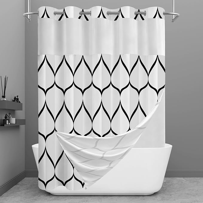 Gelbchu Black White No Hook Shower Curtain with Snap-in Liner, 71 x 74 Inch | Built-In Hooks, Mesh Top Window, Water-Repellent, Machine Washable, Quick Drying, Premium Polyester, Hotel Style, Modern