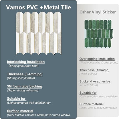 Vamos Peel and Stick Backsplash Seamless Tile for Kitchen and Bathroom,White and Beige Slate PVC Mixed Light Gold Self Adhesive Fish Scale Metal Mosaic Tiles (10 Sheets)
