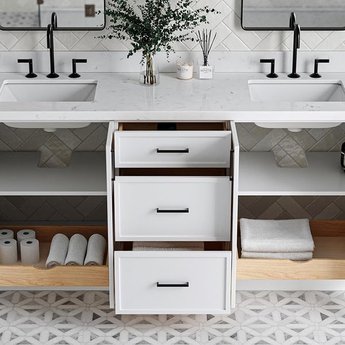 ARIEL Kelly 72-inch Bathroom Vanity with Sink,Solid Wood, 1.5-inch Carrara White Quartz Countertop & Backsplash, Double Rectangular Porcelain Sink, 4 Soft Closing Doors, 5 Dovetail Drawers, White