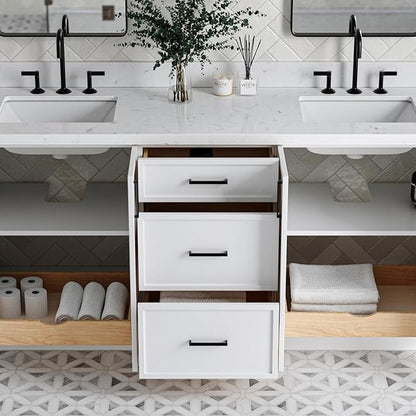 ARIEL Kelly 72-inch Bathroom Vanity with Sink,Solid Wood, 1.5-inch Carrara White Quartz Countertop & Backsplash, Double Rectangular Porcelain Sink, 4 Soft Closing Doors, 5 Dovetail Drawers, White