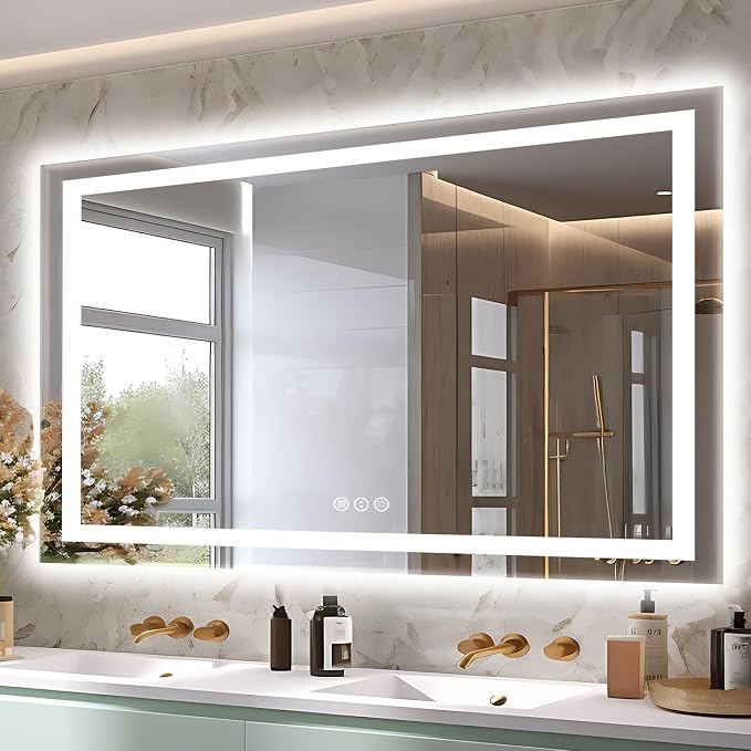 EchosLife 55"x36" LED Bathroom Mirrors for Wall | Backlit + Front Lit, Anti-Fog, Stepless Dimmable, 3 Colors, Memory, Tempered Glass, UL Listed, Horizontal/Vertical