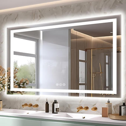 EchosLife 55"x36" LED Bathroom Mirrors for Wall | Backlit + Front Lit, Anti-Fog, Stepless Dimmable, 3 Colors, Memory, Tempered Glass, UL Listed, Horizontal/Vertical