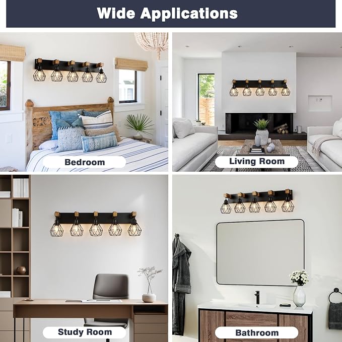 maesta 5 Light Bathroom Vanity Light, Farmhouse Black Fixture Over Mirror | Farmhouse Bathroom Light Fixtures, Wood & Metal, Anti-Rust, Easy to Install for Rustic Bathroom Hallway