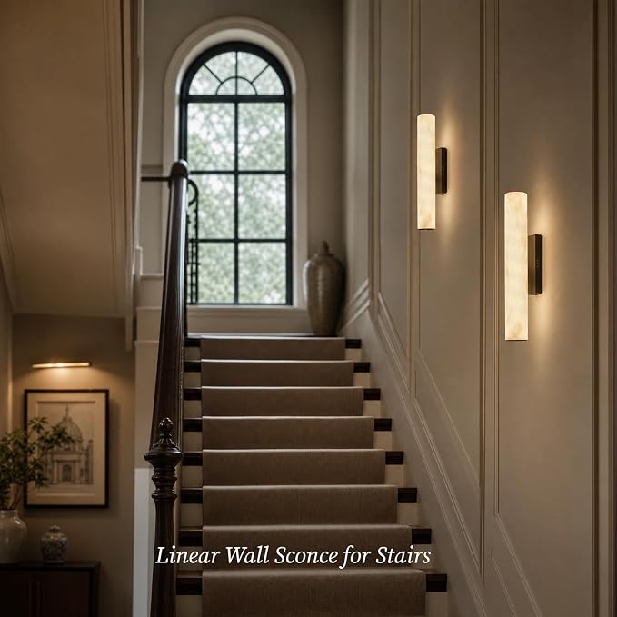 Alabaster Wall Sconce, 20" Matte Black Linear Wall Sconces, 3000K Dimmable Artisan-Cast Alabaster Sconce for Living Room, Modern Wall Lighting for Bathroom, Bedroom, Hallway, 1 Pack, Faux Alabaster