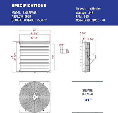 iLiving - 30" Wall Mounted Shutter Exhaust Fan - Automatic Shutter - Single Speed - Vent Fan For Home Attic, Shed, or Garage Ventilation, 5088 CFM, 7500 SQF Coverage Area, Silver (ILG8SF30S)