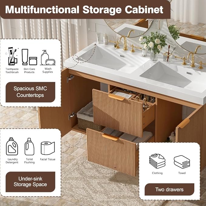 48 Inch Floating Bathroom Vanity with Thick SMC Countertop Double Sinks, Wall Mounted Bathroom Vanities Wood Grain Vanity for Bathrooms with 2 Soft-Close Doors 2 Fluted Drawers, Easy Assembly (Wood)