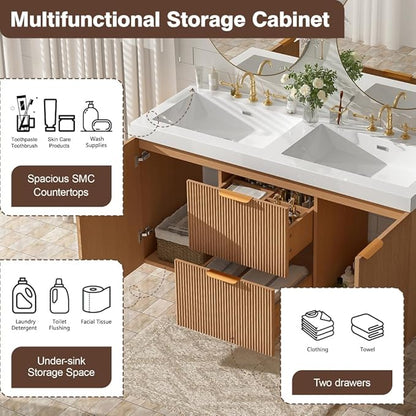 48 Inch Floating Bathroom Vanity with Thick SMC Countertop Double Sinks, Wall Mounted Bathroom Vanities Wood Grain Vanity for Bathrooms with 2 Soft-Close Doors 2 Fluted Drawers, Easy Assembly (Wood)