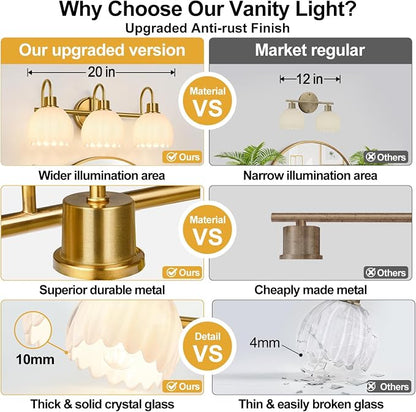 Bathroom Light Fixtures, 3-Light Gold Vanity Light Fixtures with White Tulip Glass Shades, Bathroom Lighting Fixtures Over Mirror for Bedroom, Living Room & Hallway (Bulbs Not Included)