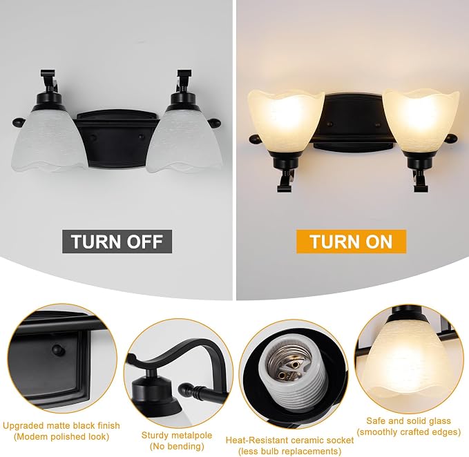 Bathroom Light Fixtures (2-Light, 15 Inch), Matte Black Vanity Lights for Bathroom with White Frosted Glass Shade, Modern Vanity Wall Lights for Mirror Bedroom Living Room Hallway