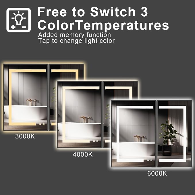 36 x 30 Inch LED Medicine Cabinet with Mirror, Recessed or Surface Mount, Soft Close Hinges, Adjustable Shelves, Black