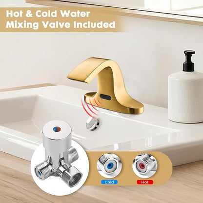 Touchless Bathroom Sink Faucet, Automatic Sensor Faucet for 3 Hole, Waterfall Spout, Brass, Gold Finish