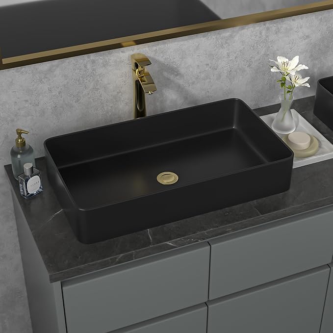 Sarlai Black Vessel Sink Rectangular - 24"x14" Modern Bathroom Vessel Sink Rectangle Above Counter Black Ceramic Porcelain Lavatory Vanity Sink Art Basin