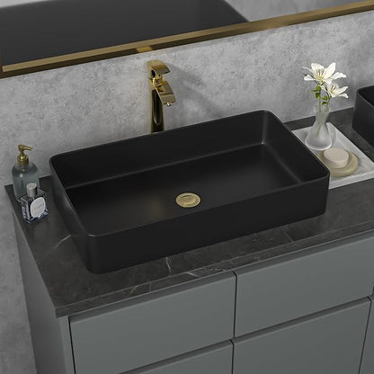 Sarlai Black Vessel Sink Rectangular - 24"x14" Modern Bathroom Vessel Sink Rectangle Above Counter Black Ceramic Porcelain Lavatory Vanity Sink Art Basin