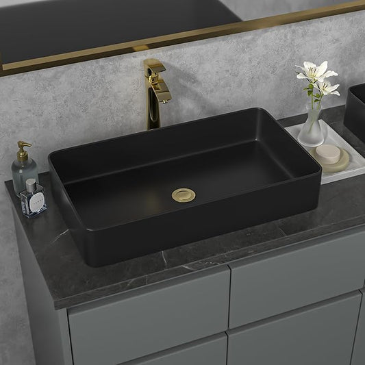 Sarlai Black Vessel Sink Rectangular - 24"x14" Modern Bathroom Vessel Sink Rectangle Above Counter Black Ceramic Porcelain Lavatory Vanity Sink Art Basin