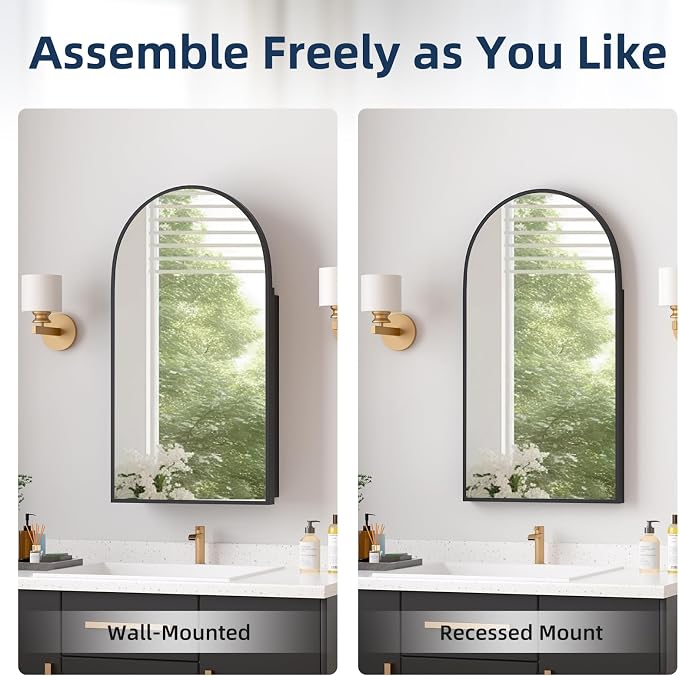 Medicine Cabinets for Bathroom, Black Arched Medicine Cabinet Recessed or Surface Wall-Mounted,Modern Bathroom Vanity Mirror with Storage, Mirrored Cabinet with Adjustable Shelves,16x31 Inch