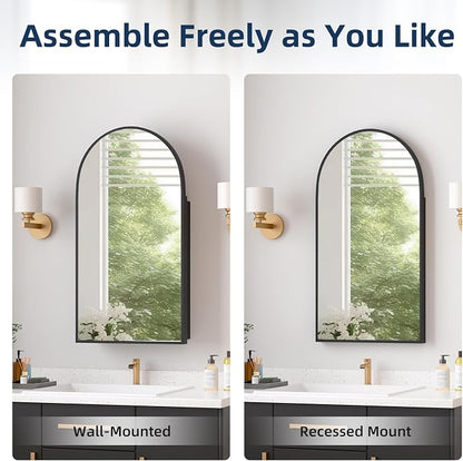 Medicine Cabinets for Bathroom, Black Arched Medicine Cabinet Recessed or Surface Wall-Mounted,Modern Bathroom Vanity Mirror with Storage, Mirrored Cabinet with Adjustable Shelves,16x31 Inch