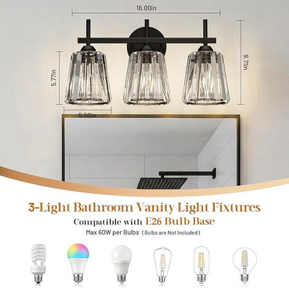 Crystal Bathroom Light Fixtures Over Mirror, Black 3-Light Bathroom Vanity Lights Over Mirror Modern Wall Lighting Sconces with Ceramic E26 Base (Bulbs Not Include)