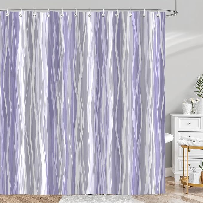 Moonslim Purple Lavender Grey Ombre Shower Curtain, Modern Wavy Abstract Striped Line Bathroom Curtain, Waterproof Fabric Bath Decor, 72 x 72 Inch