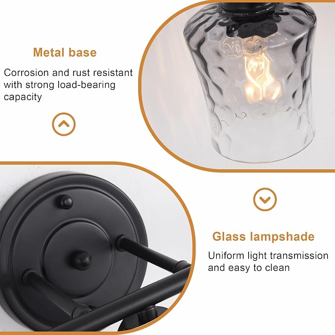 3-Light Bathroom Light Fixtures Black Vanity Light with Grey Glass Shade | Modxian Modern E26 Bathroom Wall light for Over Mirror, Kitchen, Hallway, Cabinet, Porch, Bedroom