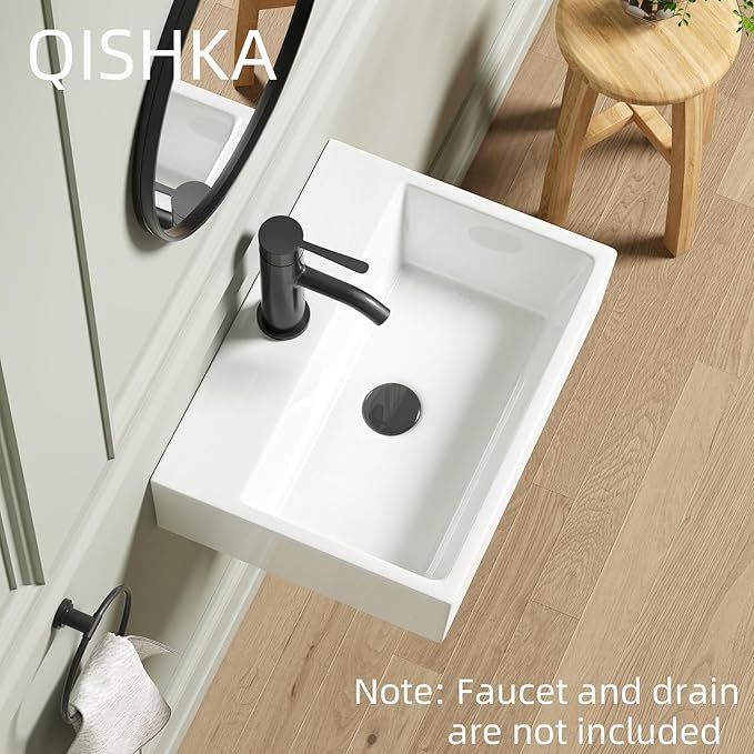Wall Mounted Bathroom Vessel Sink, QISHKA 19" X 14" Rectangular Floating Ceramic Wash Hand Basin White Wall Hung Vanity Sink for Bathroom and Cloakroom