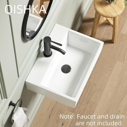 Wall Mounted Bathroom Vessel Sink, QISHKA 19" X 14" Rectangular Floating Ceramic Wash Hand Basin White Wall Hung Vanity Sink for Bathroom and Cloakroom