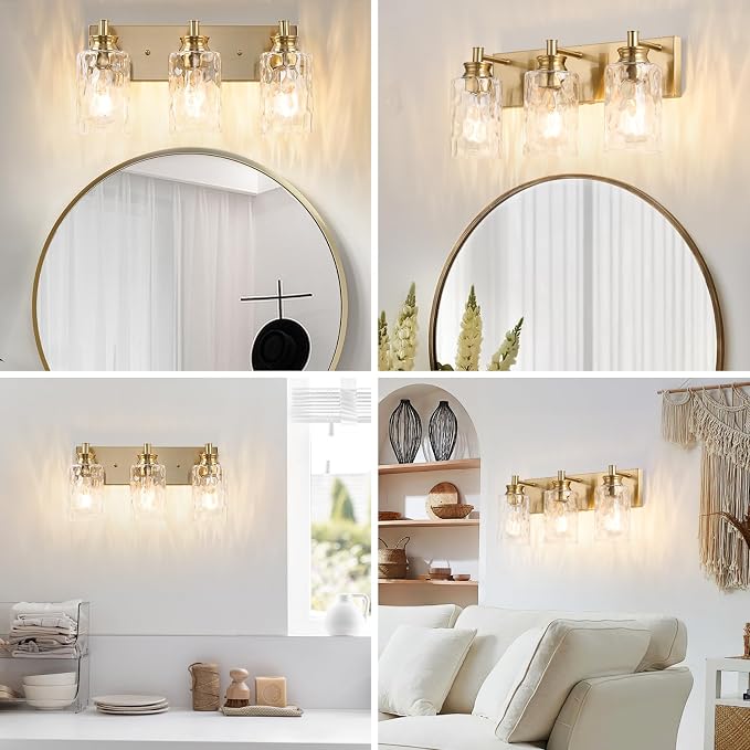 3 Light Bathroom Vanity Light Modern Brushed Gold Bathroom Light Fixtures Over Mirror with Hammered Glass Lampshade for Kitchen Hallway
