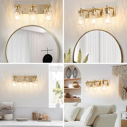 3 Light Bathroom Vanity Light Modern Brushed Gold Bathroom Light Fixtures Over Mirror with Hammered Glass Lampshade for Kitchen Hallway