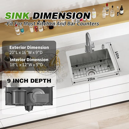 20x16In Drop In Kitchen And Bar Sink, Stainless Steel, Single Bowl | Modern Topmount Bar Sink, Come With Accessory, ideal for small kitchens, bars, prep stations, and utility areas.