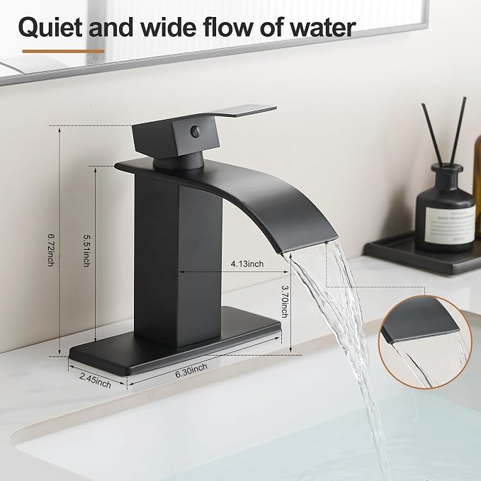 Waterfall Bathroom Faucet, Single Handle Matte Black Sink Faucet 1 Hole or 3 Hole for Lavatory, Washbasin, Vanity, Commercial, with Deck, Pop-up Drain and Supply Hoses