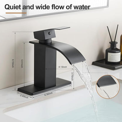 Waterfall Bathroom Faucet, Single Handle Matte Black Sink Faucet 1 Hole or 3 Hole for Lavatory, Washbasin, Vanity, Commercial, with Deck, Pop-up Drain and Supply Hoses