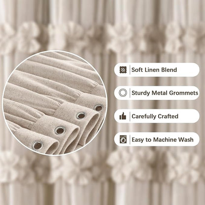 Ruffle Farmhouse Linen Shower Curtain with Vintage Bow Beige 72" W x 72" H | Linen Blend Fabric, Ruffle Bow and Ruffled Hem，Linen Texture，Machine Washable，12 Metal Holes and Plastic Hooks