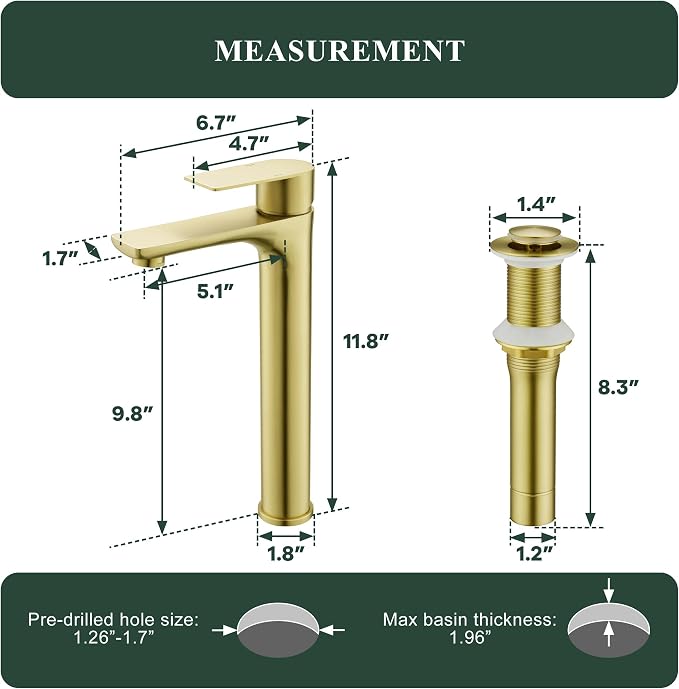 TONNY Single Handle Gold Bathroom Sink Faucet | Tall Vanity Faucet with Deck Plate for 1 or 3 Holes, Stainless Steel, with Pop Up Drain for Vessel Sink Laundry Lavatory RV