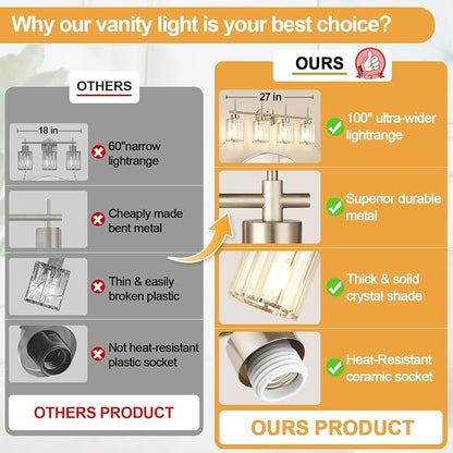 Modern Crystal Vanity Light Fixtures, 4-Light Brushed Nickel Bathroom Vanity Lighting Over Mirror, Bathroom Light Fixture with K9 Clear Crystal Shades for Bedroom, Living Room, Hallway