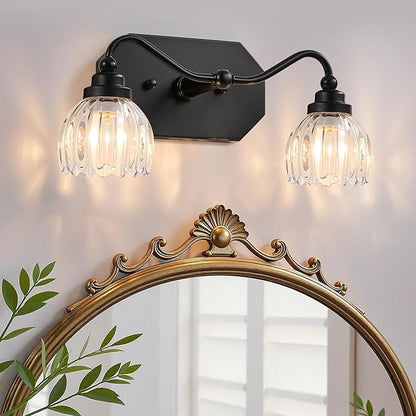 Vintage Bathroom Light Fixtures, 2 Light Bathroom Vanity Light, Black Matte Antique Brass Finish with Crystal Glass Shade, Mid Century Wall Sconces for Bedroom, Living Room, Hallway