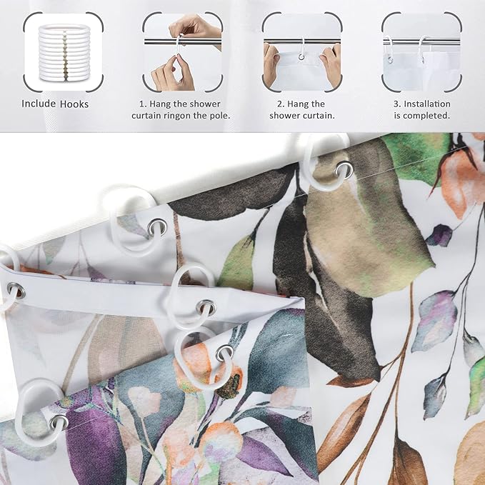 Leaf Shower Curtain, Light Purple and Tan Eucalyptus Leaves Botanical Plants on The Top Fabric Bathroom Curtain Home Decor Waterproof Washable with 12 Hooks 72.00'' x 65.00'' (GCI-8612)