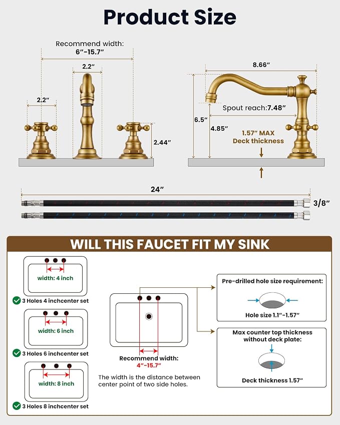 gotonovo 3 Hole 8’’ Widespread Bathroom Sink Faucet Antique Brass | Vintage Bathroom Faucet,2 Cross Handle,6-16’’ Sink,Vanity,Basin,RV,Farmhouse,SUS304,24’’ cUPC Hose Pop Up Drain,Deck Mount