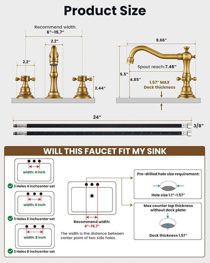 gotonovo 3 Hole 8’’ Widespread Bathroom Sink Faucet Antique Brass | Vintage Bathroom Faucet,2 Cross Handle,6-16’’ Sink,Vanity,Basin,RV,Farmhouse,SUS304,24’’ cUPC Hose Pop Up Drain,Deck Mount