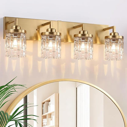 maesta Gold Bathroom Light Fixture,4 Light Modern Vanity Light Over Mirror | Modern Vanity Light, Gold Metal & Crystal Glass Fixture, Anti-Rust, Easy to Install for Bathroom Hallway Bedroom Entryway