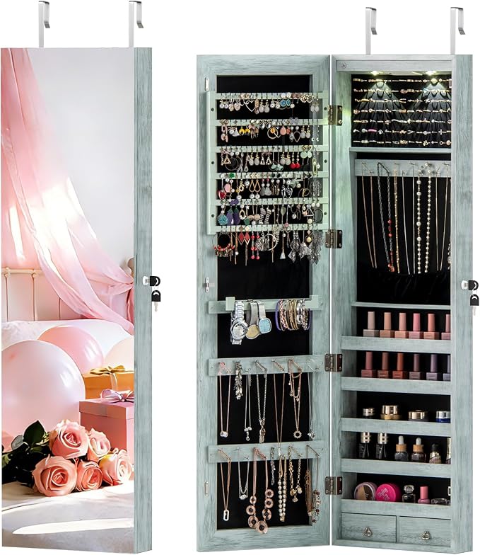 NAFORT 2 LEDs Mirror Jewelry Armoire, 47.5" H Door or Wall Mounted Jewelry Cabinet with Frameless Mirror, Lockable Jewelry Storage Box, Hanging Jewelry Organizer with 2 Drawers, Vintage Blue