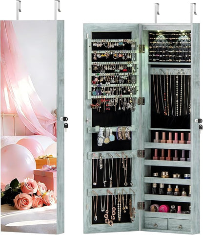 NAFORT 2 LEDs Mirror Jewelry Armoire, 47.5" H Door or Wall Mounted Jewelry Cabinet with Frameless Mirror, Lockable Jewelry Storage Box, Hanging Jewelry Organizer with 2 Drawers, Vintage Blue