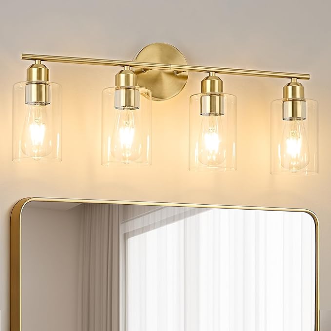 4-Light Bathroom Light Fixtures, Gold Bathroom Vanity Lights, Bathroom Lighting Fixtures Over Mirror with Clear Glass Shade, Wall Sconce Light for Bedroom, Living Room and Hallway