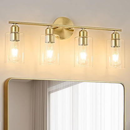 4-Light Bathroom Light Fixtures, Gold Bathroom Vanity Lights, Bathroom Lighting Fixtures Over Mirror with Clear Glass Shade, Wall Sconce Light for Bedroom, Living Room and Hallway