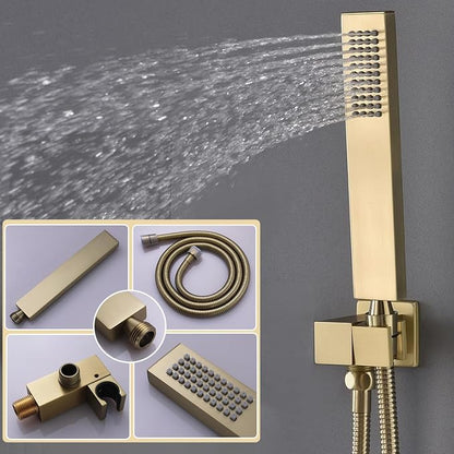 Dual Rain Shower Head System Ceiling Mount 14x20inch LED Shower Head and 8 Inch Side Shower Head with Handheld, Rainfall Shower Faucet Set(Brushed Gold)